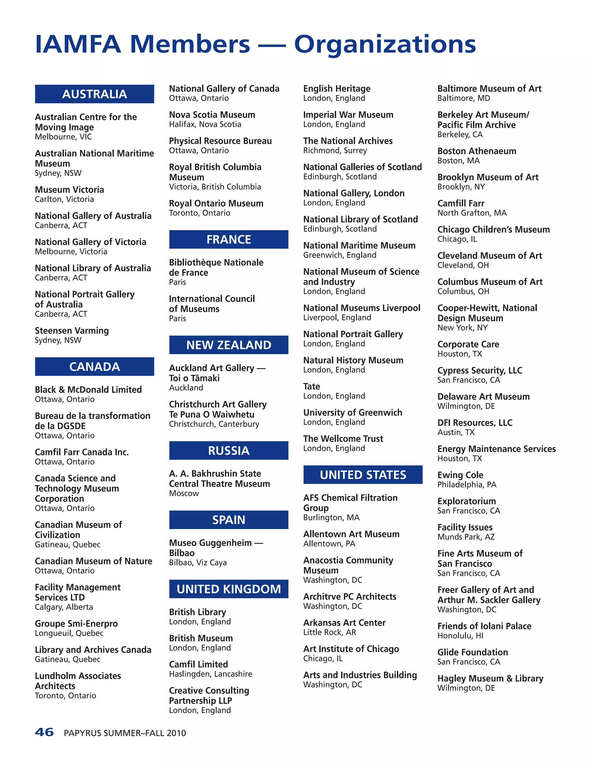 IAMFA Members — Organizations
                                National Gallery of Canada   English Heritage                 Baltimore Museum of Art
       AUSTRALIA                Ottawa, Ontario              London, England                  Baltimore, MD

Australian Centre for the       Nova Scotia Museum           Imperial War Museum              Berkeley Art Museum/
Moving Image                    Halifax, Nova Scotia         London, England                  Pacific Film Archive
Melbourne, VIC                                                                                Berkeley, CA
                                Physical Resource Bureau     The National Archives
Australian National Maritime    Ottawa, Ontario              Richmond, Surrey                 Boston Athenaeum
Museum                                                                                        Boston, MA
                                Royal British Columbia       National Galleries of Scotland
Sydney, NSW                                                  Edinburgh, Scotland
                                Museum                                                        Brooklyn Museum of Art
Museum Victoria                 Victoria, British Columbia                                    Brooklyn, NY
                                                             National Gallery, London
Carlton, Victoria                                            London, England
                                Royal Ontario Museum                                          Camfill Farr
National Gallery of Australia   Toronto, Ontario                                              North Grafton, MA
                                                             National Library of Scotland
Canberra, ACT                                                Edinburgh, Scotland              Chicago Children’s Museum
National Gallery of Victoria               FRANCE            National Maritime Museum
                                                                                              Chicago, IL
Melbourne, Victoria                                          Greenwich, England               Cleveland Museum of Art
                                Bibliothèque Nationale                                        Cleveland, OH
National Library of Australia   de France                    National Museum of Science
Canberra, ACT
                                Paris                        and Industry                     Columbus Museum of Art
National Portrait Gallery                                    London, England                  Columbus, OH
                                International Council
of Australia                    of Museums                   National Museums Liverpool       Cooper-Hewitt, National
Canberra, ACT                                                Liverpool, England
                                Paris                                                         Design Museum
Steensen Varming                                                                              New York, NY
                                                             National Portrait Gallery
Sydney, NSW
                                        NEW ZEALAND          London, England                  Corporate Care
                                                                                              Houston, TX
                                                             Natural History Museum
         CANADA                 Auckland Art Gallery —       London, England                  Cypress Security, LLC
                                Toi o T¯
                                       amaki                                                  San Francisco, CA
Black & McDonald Limited        Auckland                     Tate
Ottawa, Ontario                                              London, England                  Delaware Art Museum
                                Christchurch Art Gallery                                      Wilmington, DE
Bureau de la transformation     Te Puna O Waiwhetu           University of Greenwich
                                Christchurch, Canterbury     London, England                  DFI Resources, LLC
de la DGSDE
Ottawa, Ontario                                                                               Austin, TX
                                                             The Wellcome Trust
                                           RUSSIA            London, England                  Energy Maintenance Services
Camfil Farr Canada Inc.
Ottawa, Ontario                                                                               Houston, TX
                                A. A. Bakhrushin State           UNITED STATES                Ewing Cole
Canada Science and
                                Central Theatre Museum                                        Philadelphia, PA
Technology Museum               Moscow
Corporation                                                  AFS Chemical Filtration          Exploratorium
Ottawa, Ontario                                              Group                            San Francisco, CA
                                            SPAIN            Burlington, MA
Canadian Museum of                                                                            Facility Issues
Civilization                                                 Allentown Art Museum             Munds Park, AZ
Gatineau, Quebec                Museo Guggenheim —           Allentown, PA
                                Bilbao                                                        Fine Arts Museum of
Canadian Museum of Nature       Bilbao, Viz Caya             Anacostia Community              San Francisco
Ottawa, Ontario                                              Museum                           San Francisco, CA
                                                             Washington, DC
Facility Management               UNITED KINGDOM                                              Freer Gallery of Art and
Services LTD                                                 Architrve PC Architects          Arthur M. Sackler Gallery
Calgary, Alberta                                             Washington, DC                   Washington, DC
                                British Library
Groupe Smi-Enerpro              London, England              Arkansas Art Center              Friends of Iolani Palace
Longueuil, Quebec                                            Little Rock, AR                  Honolulu, HI
                                British Museum
Library and Archives Canada     London, England              Art Institute of Chicago         Glide Foundation
Gatineau, Quebec                                             Chicago, IL                      San Francisco, CA
                                Camfil Limited
Lundholm Associates             Haslingden, Lancashire       Arts and Industries Building     Hagley Museum & Library
Architects                                                   Washington, DC                   Wilmington, DE
                                Creative Consulting
Toronto, Ontario
                                Partnership LLP
                                London, England

46      PAPYRUS SUMMER–FALL 2010
 
