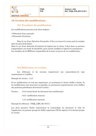 PAQL
PAE
Auteurs : AAJ
Réf : PAQL_PAE_001.V1.0.3
15
10. Gestion des modifications
10.1 Procédure de modification
Les modifications peuvent avoir deux origines :
➢Détection d'une anomalie
➢Demande d'évolution
Dans le cas d'une détection d'anomalie, il faut en trouver la source puis la corriger
dans les plus brefs délais.
Dans le cas d'une demande d'évolution du logiciel par le client, il faut dans un premier
tempsréaliser une étude de faisabilité, pour ensuite modifier le logiciel en conséquence.
Les membres de la MOEsont responsables de la mise en œuvre de ces modifications.
10.2 Références et versions
Les références et les versions respecteront une nomenclature de type
numérotation à 3 chiffres.
Exemple de version : 1.2.3
Si les modifications ne sont pas importante, on incrémente le denier chiffre à droite. Si
les modifications sont moyennes ou grandes, on incrémente respectivement et les chiffres
des positions précédentes deviennent 0 (zéro) :
Version : 1.0.0 version finale du document hors amélioration
0.0.3 modification mineure.
1.2.1 modification moyenne.
Exemple de référence : PAQL_LRH_001.V0.0.1
Les deux premiers blocks représentent la terminologie du document et celle de
l’application. Le premier groupe de chiffre représente l’ID du logiciel, et le dernier groupe
la version.
 