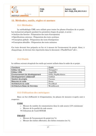 PAQL
PAE
Auteurs : AAJ
Réf : PAQL_PAE_001.V1.0.3
17
13. Méthodes, outils, règles et normes
13.1 Méthodes
La méthodologie UML sera utilisée pour toutes les phases d'analyse de ce projet.
Les testsseront préparés pendant les premières étapes du projet, à savoir :
➢Analyse des besoins : Préparation des tests d'acceptation
➢Spécifications externes : Préparation des tests systèmes
➢Conception globale : Préparation des tests d'intégration
➢Conception détaillée : Préparation des tests unitaires
Ces tests devront être préparés au fur et à mesure de l'avancement du projet. Ainsi, à
chaqueétape, ils devront être répertoriés dans le document « PlanDeTests*.odt ».
13.2 Outils
Le tableau suivant récapitule les outils qui seront utilisés dans le cadre de ce projet.
Fonctions Outils
Editeur de texte Notepad++
Editeur UML ArgoUML
Environnement de développement OVH, PhpMyAdmin
Développement collaboratif GitHub
Gestion de projets Cocomo
Mesures du code Sonar
Architecture du code FreeMind
Architecture Base de Données WorkBrench
13.3 Utilisation des métriques
Dans un but d'efficacité et d'organisation, les phases de mesures ci-après sont à
respecter:
CODE
o Mesure du nombre de commentaires dans le code source (15% minimum)
o Mesure de la qualité du code source
 Utilisation de l'outil SONAR
PROJET
o Mesure de l'avancement du projet (en %).
o Mesure des tâches effectuées, des tâches restantes (en %).
 