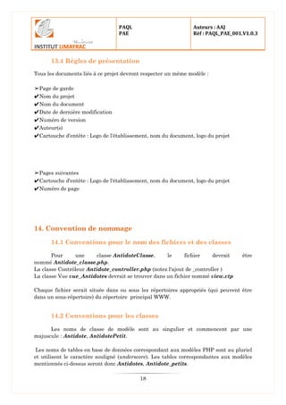 PAQL
PAE
Auteurs : AAJ
Réf : PAQL_PAE_001.V1.0.3
18
13.4 Règles de présentation
Tous les documents liés à ce projet devront respecter un même modèle :
➢Page de garde
✔Nom du projet
✔Nom du document
✔Date de dernière modification
✔Numéro de version
✔Auteur(s)
✔Cartouche d'entête : Logo de l'établissement, nom du document, logo du projet
➢Pages suivantes
✔Cartouche d'entête : Logo de l'établissement, nom du document, logo du projet
✔Numéro de page
14. Convention de nommage
14.1 Conventions pour le nom des fichiers et des classes
Pour une classe AntidoteClasse, le fichier devrait être
nommé Antidote_classe.php.
La classe Contrôleur Antidote_controller.php (notez l'ajout de _controller )
La classe Vue vue_Antidotes devrait se trouver dans un fichier nommé view.ctp
Chaque fichier serait située dans ou sous les répertoires appropriés (qui peuvent être
dans un sous-répertoire) du répertoire principal WWW.
14.2 Conventions pour les classes
Les noms de classe de modèle sont au singulier et commencent par une
majuscule : Antidote, AntidotePetit.
Les noms de tables en base de données correspondant aux modèles PHP sont au pluriel
et utilisent le caractère souligné (underscore). Les tables correspondantes aux modèles
mentionnés ci-dessus seront donc Antidotes, Antidote_petits.
 
