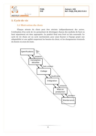 PAQL
PAE
Auteurs : AAJ
Réf : PAQL_PAE_001.V1.0.3
8
5. Cycle de vie
5.1 Motivation du choix
Chaque attente du client peut être atteinte indépendamment des autres.
L’utilisation d’un cycle de vie permettant de développer chacun des modules de bout en
bout séparément est donc appropriée. Le produit final sera livré en lots successifs. Le
cycle de vie choisi est un cycle incrémental, pour ainsi fournir à l'équipe projet une
adaptabilité et une agilité respectant les besoins du client, et les changements éventuels
du besoin en cours de route.
 