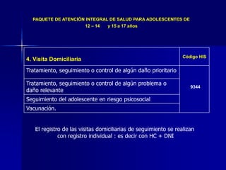 4. Visita Domiciliaria Código HIS
Tratamiento, seguimiento o control de algún daño prioritario
9344
Tratamiento, seguimiento o control de algún problema o
daño relevante
Seguimiento del adolescente en riesgo psicosocial
Vacunación.
PAQUETE DE ATENCIÓN INTEGRAL DE SALUD PARA ADOLESCENTES DE
12 – 14 y 15 a 17 años
El registro de las visitas domiciliarias de seguimiento se realizan
con registro individual : es decir con HC + DNI
 