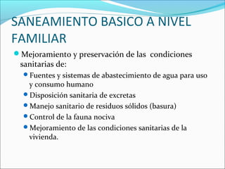 SANEAMIENTO BASICO A NIVEL
FAMILIAR
Mejoramiento y preservación de las condiciones
sanitarias de:
Fuentes y sistemas de abastecimiento de agua para uso
y consumo humano
Disposición sanitaria de excretas
Manejo sanitario de residuos sólidos (basura)
Control de la fauna nociva
Mejoramiento de las condiciones sanitarias de la
vivienda.
 
