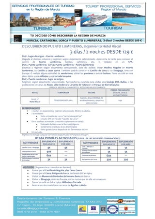 DESCUBRIENDO PUERTO LUMBRERAS, alojamiento Hotel Riscal

3 días / 2 noches DESDE 129 €
DÍA 1. Lugar de origen – Puerto Lumbreras
Llegada al destino, estancia y régimen según alojamiento seleccionado. Aprovecha la tarde para conocer el
centro
de
Puerto
Lumbreras,
tiendas,
cafeterías,
etc.
O
relájate
en
un
SPA.
DÍA 2. Puerto Lumbreras - Lorca / Puerto Lumbreras – Puerto Lumbreras
Estancia y régimen según alojamiento seleccionado. Este día podrás visitar Medina Nogalte en Puerto
Lumbreras, su castillo y casas cueva. También podrás conocer el Castillo de Lorca y su Sinagoga, única en
Europa. O realizar alguna actividad de senderismo, visitar los pantanos o avistar buitres. Toma un café en una
plaza típica y una milhojas o una tortada lorquina.
DÍA 3. Puerto Lumbreras - lugar de origen
Régimen según alojamiento seleccionado. Aprovecha tu estancia para visitar una bodega D.O. Bullas, o las
poblaciones cercanas de Aledo, villa medieval y La Santa de Totana en el Parque de Sierra Espuña.
PRECIOS SEGÚN ALOJAMIENTO Y ACTIVIDAD SELECCIONADOS:
HOTEL

TEMPORADA

FECHAS

PRECIO POR ADULTO
EN HAB. DOBLE
MEDIA PENSION

Hotel 3*
Hotel Riscal

TEMPORADA PLANA

Sujeto a disponibilidad del
establecimiento y empresa
seleccionada

129€

EL PRECIO INCLUYE:
•
2 noches en alojamiento y régimen seleccionado. Mínimo 2 adultos.
•
2 actividades:
•
Visita al Castillo de Lorca “La Fortaleza del Sol”
•
Circuito SPA en Parador “Castillo de Lorca”
•
Otras posibles actividades (consultar suplemento en tabla):
•
Visionado de Buitres en la Sierra del Gigante
•
Senderismo en el Cejo de los Enamorados
•
Visita guiada Lorca después de los Terremotos de 2011
•
IVA incluido.
El precio no incluye cualquier servicio no especificado en “el precio incluye”.

OTRAS POSIBLES ACTIVIDADES (ELEGIR 1 DE LAS SIGUIENTES COMBINACIONES)
ACTIVIDADES
Castillo Lorca + Sinagoga
Visita guiada a Lorca
Senderismo por el Cejo
de los Enamorados
Visita bodegas Contreras
D.O. Bullas

SUPLEMENTO

SUPLEMENTO

POR ADULTO

POR NIÑO

4€
40€
60€
3€

4€
----3€

ACTIVIDADES

SUPLEMENTO

SUPLEMENTO

POR ADULTO

POR NIÑO

3€
3€
60€
30€

3€
3€
--20€

Café y Milhojas o
Tortada
Visita guiada al Palacio
de Guevara
Visionado de Buitres
De aperitivo por Lorca

NO OLVIDE: (Sugerencias a consultar en destino)
•
Pasear por el Castillo de Nogalte y las Casas Cueva
•
Pasear por el Casco Antiguo de Lorca, declarado BIC en 1964.
•
Visitar los Museos de Bordados de Semana Santa de Lorca.
•
Visitar la Sinagoga, única en Europa por los restos que en ella se conservan.
•
Tomar un café un dulce típico: Milhojas o Tortada.
•
Acercarse a los municipios cercanos de Águilas o Aledo.

 