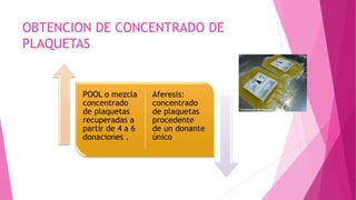 OBTENCION DE CONCENTRADO DE
PLAQUETAS
POOL o mezcla
concentrado
de plaquetas
recuperadas a
partir de 4 a 6
donaciones .
Aferesis:
concentrado
de plaquetas
procedente
de un donante
único
 