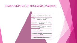 TRASFUSION DE CP NEONATOS(<4MESES)
En RNPT con recuento. plaquetario < 50,000 /mm3 (sin
hemorragia activa) ó < 100,000 /mm3 (con hemorragia activa).
En RNT con recuento plaquetario < 20,000 /mm3 con
alteraciones de la producción.
En RNT con recuento plaquetario < 50,000 /mm3 con
hemorragia activa ó pre-procedimiento invasivo y con fallo de
la producción.
Recuento plaquetario < 100,000 /mm3 con hemorragia activa
o con fallo de la producción, y con CID u otras alteraciones de
la coagulación.
Hemorragia por disfunción plaquetaria, independiente del
recuento.
En cirugía mayor, con hemorragia inesperada e independiente
del rcto.
En resumen, en Neonatología se aconseja mantener el
recuento plaquetario en > 100,000 /mm3.
 