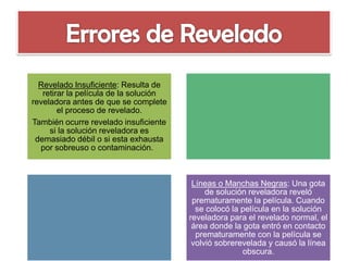 Revelado Insuficiente: Resulta de
retirar la película de la solución
reveladora antes de que se complete
el proceso de revelado.
También ocurre revelado insuficiente
si la solución reveladora es
demasiado débil o si esta exhausta
por sobreuso o contaminación.

Líneas o Manchas Negras: Una gota
de solución reveladora reveló
prematuramente la película. Cuando
se colocó la película en la solución
reveladora para el revelado normal, el
área donde la gota entró en contacto
prematuramente con la película se
volvió sobrerevelada y causó la línea
obscura.

 