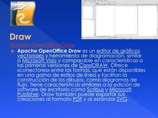 Draw 
Apache OpenOffice Draw 
 Apache OpenOffice Draw es un editor de gráficos 
vectoriales y herramienta de diagramación, similar 
a Microsoft Visio y comparable en características a 
las primeras versiones de CorelDRAW. Ofrece 
«conectores» entre las formas, que están disponibles 
en una gama de estilos de línea y facilitan la 
construcción de los dibujos, como diagramas de 
flujo. Tiene características similares a la edición de 
software de escritorio como Scribus y Microsoft 
Publisher. Draw también puede exportar sus 
creaciones al formato PDF y al estándar SVG. 
 