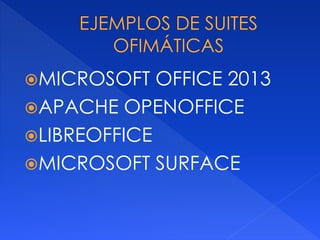 MICROSOFT OFFICE 2013 
APACHE OPENOFFICE 
LIBREOFFICE 
MICROSOFT SURFACE 
 