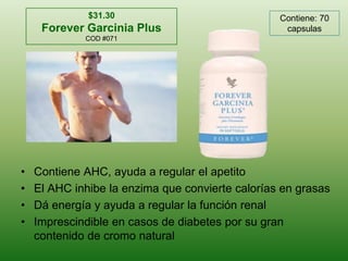 $31.30Forever Garcinia PlusCOD #071Contiene: 70 capsulasContiene AHC, ayuda a regular el apetitoEl AHC inhibe la enzimaqueconviertecalorías en grasasDáenergía y ayuda a regular la función renalImprescindible en casos de diabetes porsugrancontenido de cromo natural
