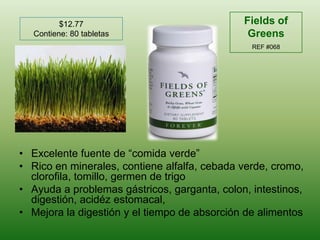 Fields of GreensREF #068$12.77Contiene: 80 tabletasExcelentefuente de “comida verde”Rico en minerales, contiene alfalfa, cebadaverde, cromo, clorofila, tomillo, germen de trigoAyuda a problemasgástricos, garganta, colon, intestinos, digestión, acidézestomacal, Mejora la digestión y el tiempo de absorción de alimentos