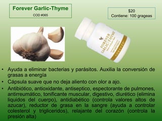 Forever Garlic-ThymeCOD #065$20Contiene: 100 grageasAyuda a eliminarbacterias y parásitos. Auxilia la conversión de grasas a energíaCápsula suave que no dejaaliento con olor a ajo. Antibiótico, antioxidante, antiseptico, espectorante de pulmones, antirreumático, tonificante muscular, digestivo, diurético (eliminaliquidos del cuerpo), antidiabético (controlavalores altos de azucar), reductor de grasa en la sangre (ayuda a controlarcolesterol y trigliceridos), relajante del corazón (controla la presiónalta)