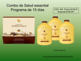 Combo de Salud essentialPrograma de 15 díasCOD. 404  Precio $128.81Especial $109.50**Incluye afiliaciónHAZ CLICK AQUÍ PARA COMPRAR PRODUCTO