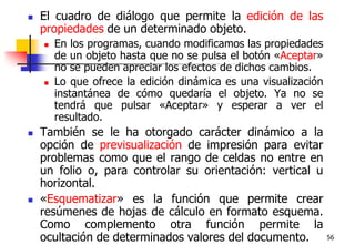 56El cuadro de diálogo que permite la edición de las propiedades de un determinado objeto. En los programas, cuando modificamos las propiedades de un objeto hasta que no se pulsa el botón «Aceptar» no se pueden apreciar los efectos de dichos cambios. Lo que ofrece la edición dinámica es una visualización instantánea de cómo quedaría el objeto. Ya no se tendrá que pulsar «Aceptar» y esperar a ver el resultado. También se le ha otorgado carácter dinámico a la opción de previsualización de impresión para evitar problemas como que el rango de celdas no entre en un folio o, para controlar su orientación: vertical u horizontal. «Esquematizar» es la función que permite crear resúmenes de hojas de cálculo en formato esquema. Como complemento otra función permite la ocultación de determinados valores del documento. 