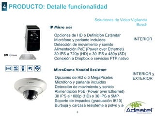 6
PRODUCTO: Detalle funcionalidad4
Soluciones de Video Vigilancia
Bosch
IP Micro 2000
Opciones de HD o Definición Estándar
Micrófono y parlante incluidos
Detección de movimiento y sonido
Alimentación PoE (Power over Ethernet)
30 IPS a 720p (HD) o 30 IPS a 480p (SD)
Conexión a Dropbox o servicios FTP nativo
MicroDome Vandal Resistant
Opciones de HD o 5 MegaPixeles
Micrófono y parlante incluidos
Detección de movimiento y sonido
Alimentación PoE (Power over Ethernet)
30 IPS a 1080p (HD) o 30 IPS a 5MP
Soporte de impactos (graduación IK10)
Burbuja y carcasa resistente a polvo y agua IP66
INTERIOR
INTERIOR y
EXTERIOR
 