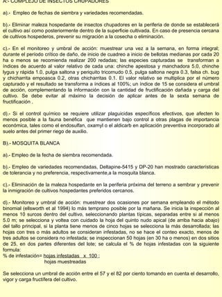 A:- COMPLEJO DE INSECTOS CHUPADORES a).-  Empleo de fechas de siembra y variedades recomendadas. b).- Eliminar maleza hospedante de insectos chupadores en la periferia de donde se establecerá el cultivo así como posteriormente dentro de la superficie cultivada. En caso de presencia cercana de cultivos hospederos, prevenir su migración a la cosecha o eliminación. c).- En el monitoreo y umbral de acción: muestrear una vez a la semana, en forma integral; durante el período crítico de daño, de inicio de cuadreo a inicio de bellotas medianas por cada 20 ha o menos se recomienda realizar 200 redadas; las especies capturadas se  transforman a índices de acuerdo al valor relativo de cada una: chinche apestosa y manchadora 5.0, chinche lygus y rápida 1.0, pulga saltona y periquito tricornudo 0.5, pulga saltona negra 0.3, falsa ch. bug y chicharrita empoasca 0.2, otras chicharritas 0.1. El valor relativo se multiplica por el número capturado y el resultado se transforma a índices al 100%; un índice de 15 se considera el umbral de acción, complementando la información con la cantidad de fructificación dañada y carga del cultivo. Se debe evitar al máximo la decisión de aplicar antes de la sexta semana de fructificación . d).- Si el control químico se requiere utilizar plaguicidas específicos efectivos, que afecten lo menos posible a la fauna benéfica  que mantienen bajo control a otras plagas de importancia económica, tales como el endosulfan, oxamyl o el aldicarb en aplicación preventiva incorporado al suelo antes del primer riego de auxilio. B).- MOSQUITA BLANCA a).- Empleo de la fecha de siembra recomendada. b).- Empleo de variedades recomendadas, Deltapine-5415 y DP-20 han mostrado características de tolerancia y no preferencia, respectivamente,a la mosquita blanca. c).- Eliminación de la maleza hospedante en la periferia próxima del terreno a sembrar y prevenir la inmigración de cultivos hospedantes preferidos cercanos. d).- Monitoreo y umbral de acción: muestrear dos ocasiones por semana empleando el método binomial (ellsworth et al 1994) lo más temprano posible por la mañana. Se inicia la inspección al menos 10 surcos dentro del cultivo, seleccionando plantas típicas, separadas entre si al menos 5.0 m; se selecciona y voltea con cuidado la hoja del quinto nudo apical (de arriba hacia abajo) del tallo principal, si la planta tiene menos de cinco hojas se selecciona la más desarrollada; las hojas con tres o más adultos se consideran infestadas, no se hace el conteo exacto, menos de tres adultos se considera no infestada; se inspeccionan 50 hojas (en 30 ha o menos) en dos sitios de 25, en dos partes diferentes del lote; se calcula el % de hojas infestadas con la siguiente formula:  % de infestación=  hojas infestadas  x  100  ;  hojas muestreadas Se selecciona un umbral de acción entre el 57 y el 82 por ciento tomando en cuenta el desarrollo, vigor y carga fructífera del cultivo. 