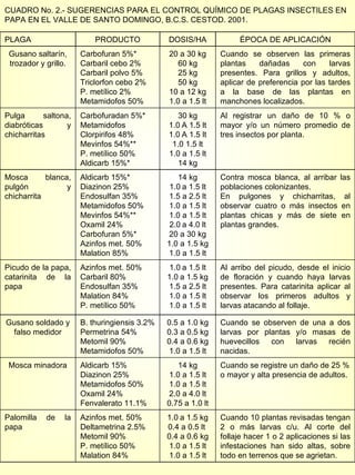 CUADRO No. 2.- SUGERENCIAS PARA EL CONTROL QUÍMICO DE PLAGAS INSECTILES EN PAPA EN EL VALLE DE SANTO DOMINGO, B.C.S. CESTOD. 2001. PLAGA PRODUCTO DOSIS/HA ÉPOCA DE APLICACIÓN Gusano saltarín, trozador y grillo. Carbofuran 5%* Carbaril cebo 2% Carbaril polvo 5% Triclorfon cebo 2% P. metílico 2%  Metamidofos 50% 20 a 30 kg 60 kg 25 kg 50 kg 10 a 12 kg 1.0 a 1.5 lt Cuando se observen las primeras plantas dañadas con larvas presentes. Para grillos y adultos, aplicar de preferencia por las tardes a la base de las plantas en manchones localizados.  Pulga saltona, diabróticas y chicharritas Carbofuradan 5%* Metamidofos  Clorpirifos 48% Mevinfos 54%** P. metílico 50%  Aldicarb 15%* 30 kg 1.0 A 1.5 lt 1.0 A 1.5 lt 1.0 1.5 lt 1.0 a 1.5 lt 14 kg Al registrar un daño de 10 % o mayor y/o un número promedio de tres insectos por planta. Mosca blanca, pulgón y chicharrita Aldicarb 15%* Diazinon 25% Endosulfan 35% Metamidofos 50% Mevinfos 54%** Oxamil 24% Carbofuran 5%* Azinfos met. 50% Malation 85% 14 kg 1.0 a 1.5 lt 1.5 a 2.5 lt 1.0 a 1.5 lt 1.0 a 1.5 lt 2.0 a 4.0 lt 20 a 30 kg 1.0 a 1.5 kg 1.0 a 1.5 lt Contra mosca blanca, al arribar las poblaciones colonizantes. En pulgones y chicharritas, al observar cuatro o más insectos en plantas chicas y más de siete en plantas grandes.  Picudo de la papa, catarinita de la papa Azinfos met. 50% Carbaril 80% Endosulfan 35% Malation 84% P. metílico 50% 1.0 a 1.5 lt 1.0 a 1.5 kg 1.5 a 2.5 lt 1.0 a 1.5 lt 1.0 a 1.5 lt Al arribo del picudo, desde el inicio de floración y cuando haya larvas presentes. Para catarinita aplicar al observar los primeros adultos y larvas atacando al follaje. Gusano soldado y falso medidor B. thuringiensis 3.2% Permetrina 54% Metomil 90% Metamidofos 50% 0.5 a 1.0 kg 0.3 a 0.5 kg 0.4 a 0.6 kg 1.0 a 1.5 lt Cuando se observen de una a dos larvas por plantas y/o masas de huevecillos con larvas recién nacidas.  Mosca minadora Aldicarb 15% Diazinon 25% Metamidofos 50% Oxamil 24% Fenvalerato 11.1% 14 kg 1.0 a 1.5 lt 1.0 a 1.5 lt 2.0 a 4.0 lt 0.75 a 1.0 lt Cuando se registre un daño de 25 % o mayor y alta presencia de adultos. Palomilla de la papa Azinfos met. 50% Deltametrina 2.5% Metomil 90% P. metílico 50% Malation 84% 1.0 a 1.5 kg 0.4 a 0.5 lt  0.4 a 0.6 kg 1.0 a 1.5 lt 1.0 a 1.5 lt Cuando 10 plantas revisadas tengan 2 o más larvas c/u. Al corte del follaje hacer 1 o 2 aplicaciones si las infestaciones han sido altas, sobre todo en terrenos que se agrietan.  