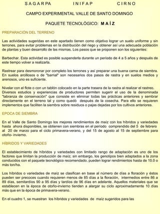 S A G A R PA  I N I F A P  C I R N O CAMPO EXPERIMENTAL VALLE DE SANTO DOMINGO  PAQUETE TECNOLÓGICO:  M A Í Z PREPARACIÓN DEL TERRENO Las actividades sugeridas en este apartado tienen como objetivo lograr un suelo uniforme y sin terrones, para evitar problemas en la distribución del riego y obtener así una adecuada población de plantas y buen desarrollo de las mismas. Los pasos que se proponen son los siguientes: Barbechar. Esta actividad es posible suspenderla durante un período de 4 a 5 años y después de este tiempo volver a realizarla. Rastrear para desmoronar por completo los terrones y así preparar una buena cama de siembra. En suelos arcillosos o de "barrial" son necesarios dos pasos de rastra y en suelos medios y arenosos, uno es suficiente. Nivelar con el flote o con un tablón colocado en la parte trasera de la rastra al realizar el rastreo. Diversos estudios y experiencias de productores permiten sugerir el uso de la denominada "labranza de conservación" que consiste en eliminar todas las prácticas anteriores y sembrar directamente en el terreno tal y como quedó  después de la cosecha. Para ello se requieren implementos que faciliten la siembra sobre residuos o pajas dejadas por los cultivos anteriores.  EPOCA DE SIEMBRA En el Valle de Santo Domingo los mejores rendimientos de maíz con los híbridos y variedades hasta  ahora disponibles, se obtienen con siembras en el período  comprendido del 5  de febrero  al  20 de marzo para el ciclo primavera-verano, y del 15 de agosto al 15 de septiembre para otoño- invierno.  HÍBRIDOS Y VARIEDADES El establecimiento de híbridos y variedades con limitado rango de adaptación es uno de los factores que limitan la producción de maíz; sin embargo, los genotipos bien adaptados a la zona conducidos con el paquete tecnológico recomendado, pueden lograr rendimientos hasta de 10.0 o más ton/ha. Los híbridos o variedades de maíz se clasifican en base al número de días a floración y éstos pueden ser precoces cuando requieren menos de 85 días a la floración,  intermedios entre 86 a 89 días, semitardíos 90 a 95 días y tardíos de 96 días en adelante. Aquellos materiales que se establecen en la época de otoño-invierno tienden a alargar su ciclo aproximadamente 10 días más que en la época de primavera-verano. En el cuadro 1, se muestran  los híbridos y variedades  de  maíz sugeridos para las  