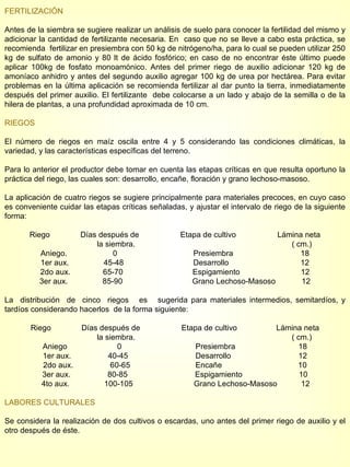 FERTILIZACIÓN Antes de la siembra se sugiere realizar un análisis de suelo para conocer la fertilidad del mismo y adicionar la cantidad de fertilizante necesaria. En  caso que no se lleve a cabo esta práctica, se recomienda  fertilizar en presiembra con 50 kg de nitrógeno/ha, para lo cual se pueden utilizar 250 kg de sulfato de amonio y 80 lt de ácido fosfórico; en caso de no encontrar éste último puede aplicar 100kg de fosfato monoamónico. Antes del primer riego de auxilio adicionar 120 kg de amoníaco anhidro y antes del segundo auxilio agregar 100 kg de urea por hectárea. Para evitar problemas en la última aplicación se recomienda fertilizar al dar punto la tierra, inmediatamente después del primer auxilio. El fertilizante  debe colocarse a un lado y abajo de la semilla o de la hilera de plantas, a una profundidad aproximada de 10 cm. RIEGOS El número de riegos en maíz oscila entre 4 y 5 considerando las condiciones climáticas, la variedad, y las características específicas del terreno. Para lo anterior el productor debe tomar en cuenta las etapas críticas en que resulta oportuno la práctica del riego, las cuales son: desarrollo, encañe, floración y grano lechoso-masoso. La aplicación de cuatro riegos se sugiere principalmente para materiales precoces, en cuyo caso es conveniente cuidar las etapas críticas señaladas, y ajustar el intervalo de riego de la siguiente forma: Riego  Días después de  Etapa de cultivo  Lámina neta la siembra.  ( cm.) Aniego.  0  Presiembra  18 1er aux.  45-48  Desarrollo  12 2do aux.  65-70  Espigamiento  12 3er aux.  85-90  Grano Lechoso-Masoso  12 La  distribución  de  cinco  riegos  es  sugerida para materiales intermedios, semitardíos, y tardíos considerando hacerlos  de la forma siguiente: Riego  Días después de  Etapa de cultivo  Lámina neta la siembra.  ( cm.) Aniego  0  Presiembra  18 1er aux.  40-45  Desarrollo  12 2do aux.  60-65  Encañe  10 3er aux.  80-85  Espigamiento  10 4to aux.  100-105  Grano Lechoso-Masoso  12 LABORES CULTURALES Se considera la realización de dos cultivos o escardas, uno antes del primer riego de auxilio y el otro después de éste.  