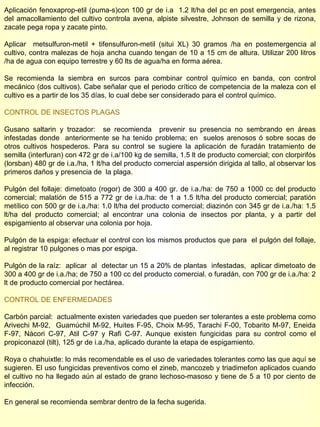 Aplicación fenoxaprop-etil (puma-s)con 100 gr de i.a  1.2 lt/ha del pc en post emergencia, antes del amacollamiento del cultivo controla avena, alpiste silvestre, Johnson de semilla y de rizona, zacate pega ropa y zacate pinto. Aplicar  metsulfuron-metil + tifensulfuron-metil (situi XL) 30 gramos /ha en postemergencia al cultivo, contra malezas de hoja ancha cuando tengan de 10 a 15 cm de altura. Utilizar 200 litros /ha de agua con equipo terrestre y 60 lts de agua/ha en forma aérea. Se recomienda la siembra en surcos para combinar control químico en banda, con control mecánico (dos cultivos). Cabe señalar que el periodo crítico de competencia de la maleza con el cultivo es a partir de los 35 días, lo cual debe ser considerado para el control químico.  CONTROL DE INSECTOS PLAGAS Gusano saltarin y trozador:  se recomienda  prevenir su presencia no sembrando en áreas infestadas donde  anteriormente se ha tenido problema; en  suelos arenosos ó sobre socas de otros cultivos hospederos. Para su control se sugiere la aplicación de furadán tratamiento de semilla (interfuran) con 472 gr de i.a/100 kg de semilla, 1.5 lt de producto comercial; con clorpirifós (lorsban) 480 gr de i.a./ha, 1 lt/ha del producto comercial aspersión dirigida al tallo, al observar los primeros daños y presencia de  la plaga.  Pulgón del follaje: dimetoato (rogor) de 300 a 400 gr. de i.a./ha: de 750 a 1000 cc del producto comercial; malatión de 515 a 772 gr de i.a./ha: de 1 a 1.5 lt/ha del producto comercial; paratión metílico con 500 gr de i.a./ha: 1.0 lt/ha del producto comercial; diazinón con 345 gr de i.a./ha: 1.5 lt/ha del producto comercial; al encontrar una colonia de insectos por planta, y a partir del espigamiento al observar una colonia por hoja. Pulgón de la espiga: efectuar el control con los mismos productos que para  el pulgón del follaje, al registrar 10 pulgones o mas por espiga. Pulgón de la raíz:  aplicar  al  detectar un 15 a 20% de plantas  infestadas,  aplicar dimetoato de 300 a 400 gr de i.a./ha; de 750 a 100 cc del producto comercial. o furadán, con 700 gr de i.a./ha: 2 lt de producto comercial por hectárea. CONTROL DE ENFERMEDADES Carbón parcial:  actualmente existen variedades que pueden ser tolerantes a este problema como Arivechi M-92,  Guamúchil M-92, Huites F-95, Choix M-95, Tarachi F-00, Tobarito M-97, Eneida F-97, Nácori C-97, Atil C-97 y Rafi C-97. Aunque existen fungicidas para su control como el propiconazol (tilt), 125 gr de i.a./ha, aplicado durante la etapa de espigamiento. Roya o chahuixtle: lo más recomendable es el uso de variedades tolerantes como las que aquí se sugieren. El uso fungicidas preventivos como el zineb, mancozeb y triadimefon aplicados cuando el cultivo no ha llegado aún al estado de grano lechoso-masoso y tiene de 5 a 10 por ciento de infección. En general se recomienda sembrar dentro de la fecha sugerida. 