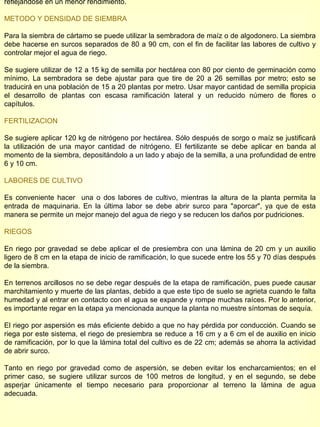 reflejándose en un menor rendimiento. METODO Y DENSIDAD DE SIEMBRA Para la siembra de cártamo se puede utilizar la sembradora de maíz o de algodonero. La siembra debe hacerse en surcos separados de 80 a 90 cm, con el fin de facilitar las labores de cultivo y controlar mejor el agua de riego. Se sugiere utilizar de 12 a 15 kg de semilla por hectárea con 80 por ciento de germinación como mínimo. La sembradora se debe ajustar para que tire de 20 a 26 semillas por metro; esto se traducirá en una población de 15 a 20 plantas por metro. Usar mayor cantidad de semilla propicia el desarrollo de plantas con escasa ramificación lateral y un reducido número de flores o capítulos. FERTILIZACION Se sugiere aplicar 120 kg de nitrógeno por hectárea. Sólo después de sorgo o maíz se justificará la utilización de una mayor cantidad de nitrógeno. El fertilizante se debe aplicar en banda al momento de la siembra, depositándolo a un lado y abajo de la semilla, a una profundidad de entre 6 y 10 cm. LABORES DE CULTIVO Es conveniente hacer  una o dos labores de cultivo, mientras la altura de la planta permita la entrada de maquinaria. En la última labor se debe abrir surco para "aporcar", ya que de esta manera se permite un mejor manejo del agua de riego y se reducen los daños por pudriciones. RIEGOS En riego por gravedad se debe aplicar el de presiembra con una lámina de 20 cm y un auxilio ligero de 8 cm en la etapa de inicio de ramificación, lo que sucede entre los 55 y 70 días después de la siembra. En terrenos arcillosos no se debe regar después de la etapa de ramificación, pues puede causar marchitamiento y muerte de las plantas, debido a que este tipo de suelo se agrieta cuando le falta humedad y al entrar en contacto con el agua se expande y rompe muchas raíces. Por lo anterior, es importante regar en la etapa ya mencionada aunque la planta no muestre síntomas de sequía. El riego por aspersión es más eficiente debido a que no hay pérdida por conducción. Cuando se riega por este sistema, el riego de presiembra se reduce a 16 cm y a 6 cm el de auxilio en inicio de ramificación, por lo que la lámina total del cultivo es de 22 cm; además se ahorra la actividad de abrir surco. Tanto en riego por gravedad como de aspersión, se deben evitar los encharcamientos; en el primer caso, se sugiere utilizar surcos de 100 metros de longitud, y en el segundo, se debe asperjar únicamente el tiempo necesario para proporcionar al terreno la lámina de agua adecuada. 