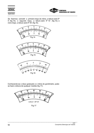 Espírito Santo
___________________________________________________________________________________________________
___________________________________________________________________________________________________
CST
92 Companhia Siderúrgica de Tubarão
Se fizermos coincidir o primeiro traço do nônio, a leitura será 0º
5’ (fig.14); o segundo traço, a leitura será 0º 10’ (fig.15); o
nono traço, a leitura será 0º 45’ (fig.16).
Conhecendo-se o disco graduado e o nônio do goniômetro, pode-
se fazer a leitura de qualquer medida (fig.17).
Fig.14
Fig.15
Fig.16
Leitura = 29º 25’
Fig.17
 