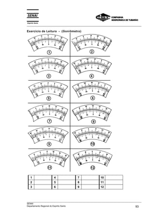 Espírito Santo
___________________________________________________________________________________________________
___________________________________________________________________________________________________
SENAI
Departamento Regional do Espírito Santo 93
Exercício de Leitura - (Goniômetro)
1 4 7 10
2 5 8 11
3 6 9 12
 