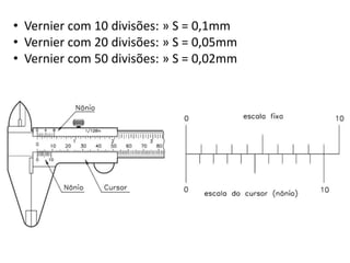 • Vernier com 10 divisões: » S = 0,1mm
• Vernier com 20 divisões: » S = 0,05mm
• Vernier com 50 divisões: » S = 0,02mm
 