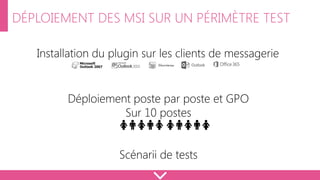 DÉPLOIEMENT DES MSI SUR UN PÉRIMÈTRE TEST
Déploiement poste par poste et GPO
Sur 10 postes
Scénarii de tests
Installation du plugin sur les clients de messagerie
 