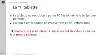 1   Évolution ou révolution

         La ‘Y’ tablette
             La tablette ne remplacera pas le PC fixe ni même le téléphone
             portable
             Facteur d’amélioration de Productivité et de Performance

     L’entreprise a tout intérêt à laisser ses collaborateurs amener
     leur propre tablette.




     P. 11    14.02.2013   TechDays Session BYOD
 