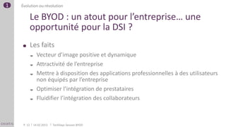 1   Évolution ou révolution

         Le BYOD : un atout pour l’entreprise… une
         opportunité pour la DSI ?
             Les faits
                  Vecteur d’image positive et dynamique
                  Attractivité de l’entreprise
                  Mettre à disposition des applications professionnelles à des utilisateurs
                   non équipés par l’entreprise
                  Optimiser l’intégration de prestataires
                  Fluidifier l’intégration des collaborateurs



     P. 12       14.02.2013   TechDays Session BYOD
 