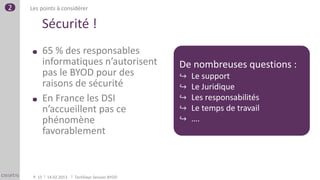 2   Les points à considérer

         Sécurité !
             65 % des responsables
             informatiques n’autorisent            De nombreuses questions :
             pas le BYOD pour des                  ↪   Le support
             raisons de sécurité                   ↪   Le Juridique
             En France les DSI                     ↪   Les responsabilités
             n’accueillent pas ce                  ↪   Le temps de travail
             phénomène                             ↪   ….
             favorablement



     P. 15    14.02.2013   TechDays Session BYOD
 