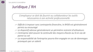 2   Les points à considérer

         Juridique / RH

                      L’employeur se doit de fournir au collaborateur les outils
                             nécessaires à son activité professionnelle

                   Difficile à imposer sans contrepartie financière, le BYOD est généralement
                   permis ou encouragé
                   Le dispositif adresse généralement un périmètre restreint d’utilisateurs
                   L’entreprise doit assurer la continuité des moyens d’accès au SI en cas de
                   panne ou vol
                   La responsabilité de l’entreprise pourra être engagée en cas de dommages
                   provoqués par un salarié



     P. 18   14.02.2013   TechDays Session BYOD
 