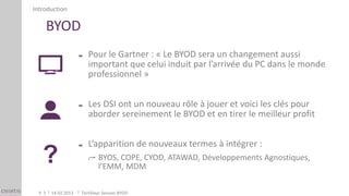 Introduction

     BYOD
                         Pour le Gartner : « Le BYOD sera un changement aussi
                          important que celui induit par l’arrivée du PC dans le monde
                          professionnel »


                         Les DSI ont un nouveau rôle à jouer et voici les clés pour
                          aborder sereinement le BYOD et en tirer le meilleur profit


                         L’apparition de nouveaux termes à intégrer :
                             BYOS, COPE, CYOD, ATAWAD, Développements Agnostiques,
                             l’EMM, MDM

  P. 5   14.02.2013   TechDays Session BYOD
 