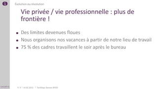 1   Évolution ou révolution

         Vie privée / vie professionnelle : plus de
         frontière !
             Des limites devenues floues
             Nous organisons nos vacances à partir de notre lieu de travail
             75 % des cadres travaillent le soir après le bureau




      P. 9    14.02.2013   TechDays Session BYOD
 