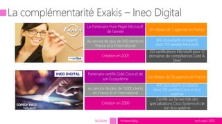 tech.days 2015#mstechdaysSESSION
Un réseau de 7 agences en France
Le Partenaire Pure Player Microsoft
de l’année
Au service de plus de 500 clients en
France et à l’international
300 consultants et experts
dont 170 certifiés Microsoft
350 certifications Microsoft pour 12
domaines de compétences Gold &
Silver
Création en 2001
Un réseau de 26 agences en France
Partenaire certifié Gold Cisco et de
son Ecosystème
Au service de plus de 15000 clients
en France et à l’international
400 consultants et experts
dont 210 certifiés Cisco et éco
système
Certifié sur l’ensemble des
spécialisations Cisco Systems et de
son éco système
Création en 2000
INEO DIGITAL
 