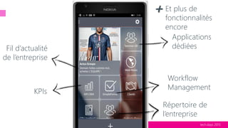 tech.days 2015#mstechdaysSESSION
Applications
dédiéesFil d’actualité
de l’entreprise
KPIs
Répertoire de
l’entreprise
+ Et plus de
fonctionnalités
encore
Workflow
Management
 