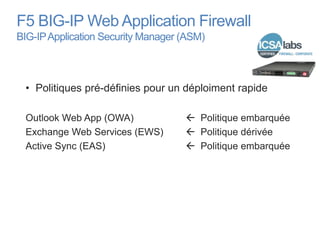 F5 BIG-IP Web Application Firewall
BIG-IP Application Security Manager (ASM)



 • Politiques pré-définies pour un déploiment rapide

 Outlook Web App (OWA)               Politique embarquée
 Exchange Web Services (EWS)         Politique dérivée
 Active Sync (EAS)                   Politique embarquée
 