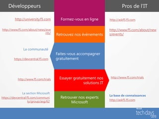 Développeurs                                                             Pros de l’IT

         http://university.f5.com       Formez-vous en ligne        http://askf5.f5.com


http://www.f5.com/about/news/eve                                    http://www.f5.com/about/new
                            nts/
                                      Retrouvez nos évènements      s/events/



               La communauté
                                      Faites-vous accompagner
         https://devcentral.f5.com    gratuitement




           http://www.f5.com/trials    Essayer gratuitement nos     http://www.f5.com/trials
                                                     solutions IT

               La section Microsoft
                                                                    La base de connaissances
https://devcentral.f5.com/communi       Retrouver nos experts
                    ty/group/asg/62                                 http://askf5.f5.com
                                              Microsoft
 