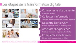 tech.days 2015#mstechdaysDEVELOPPER RELATION LA CLIENT ET LES VENTES GRACE AUX POINTS…
Connecter le site de vente
No network, no work !
Collecter l’information
Connaître le client, son parcours et mieux segmenter
Décentraliser le CRM
Associer le point de vente au Marketing client
Améliorer l’expérience
Améliorer l’expérience et personnaliser l’offre
Compléter avec le web
Stimuler sur le lieu de vente et en dehors
 