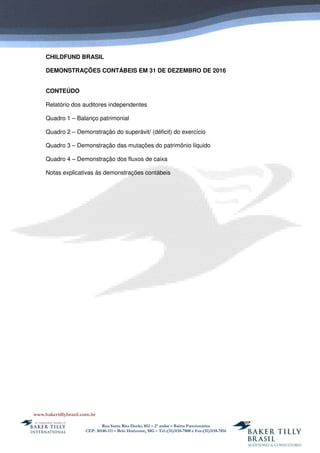 Rua Santa Rita Durão, 852 – 2º andar – Bairro Funcionários
CEP: 30140-111 – Belo Horizonte, MG – Tel.:(31)3118-7800 e Fax:(31)3118-7816
CHILDFUND BRASIL
DEMONSTRAÇÕES CONTÁBEIS EM 31 DE DEZEMBRO DE 2016
CONTEÚDO
Relatório dos auditores independentes
Quadro 1 – Balanço patrimonial
Quadro 2 – Demonstração do superávit/ (déficit) do exercício
Quadro 3 – Demonstração das mutações do patrimônio líquido
Quadro 4 – Demonstração dos fluxos de caixa
Notas explicativas às demonstrações contábeis
 