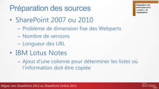 • SharePoint 2007 ou 2010
– Problème de dimension fixe des Webparts
– Nombre de versions
– Longueur des URL
• IBM Lotus Notes
– Ajout d’une colonne pour déterminer les listes où
l’information doit être copiée
Préparation des sources
Migrer vers SharePoint 2013 ou SharePoint Online 2013
 