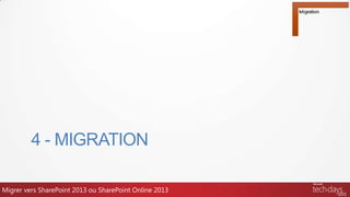 4 - MIGRATION
Migrer vers SharePoint 2013 ou SharePoint Online 2013
 