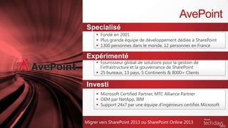  Fondé en 2001
 Plus grande équipe de développement dédiée à SharePoint
 1300 personnes dans le monde, 12 personnes en France
 Fournisseur global de solutions pour la gestion de
l’infrastructure et la gouvernance de SharePoint
 25 bureaux, 13 pays, 5 Continents & 8000+ Clients
 Microsoft Certified Partner, MTC Alliance Partner
 OEM par NetApp, IBM
 Support 24x7 par une équipe d’ingénieurs certifiés Microsoft
AvePoint
Migrer vers SharePoint 2013 ou SharePoint Online 2013
Specialisé
Expérimenté
Investi
oint
ance
 