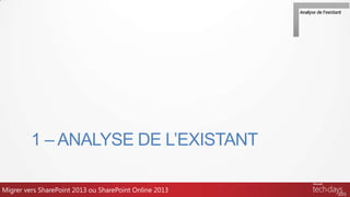1 – ANALYSE DE L’EXISTANT
Migrer vers SharePoint 2013 ou SharePoint Online 2013
 