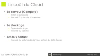 tech.days 2015#mstechdaysLA TRANSFORMATION DU SI
Le coût du Cloud
• Le serveur (Compute)
• Selon la puissance
• Facturé à la minute d’ouverture
• Le stockage
• Type de stockage
• Facturé au volume
• Les flux sortant
• Facturé au Volume de données sortant du data-Center
 