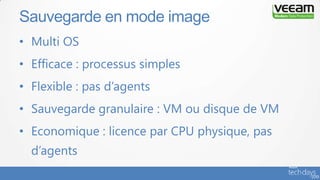 • Multi OS
• Efficace : processus simples
• Flexible : pas d’agents
• Sauvegarde granulaire : VM ou disque de VM
• Economique : licence par CPU physique, pas
d’agents
Sauvegarde en mode image
 