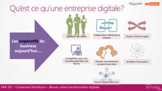 Qu‟est ce qu‟une entreprise digitale?
PAR 207 - Connected Workforce – Réussir votre transformation digitale
Impliquer ses clients
Collaboration distribuée et
distante
Devenir Smart et Agile
Compétition avec une
nouvelle génération de
Talents
Devenir une entreprise
sociale et sans silos
Accélérer l‟Innovation
Devenir „Digital' avant tout‟
Les impératifs du
business
aujourd’hui….
 