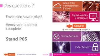 tech.days 2015#mstechdaysSESSION© Sogeti 2015, Tous droits réservés.
Envie d’en savoir plus?
Venez voir la demo
complète
Stand P05
31
 