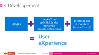 tech.days 2015#mstechdaysSESSION© Sogeti 2015, Tous droits réservés.
Usages
Capacités et
spécificités des
appareils
(nouvelles interactions)
Informations
disponibles
(Interne/Externe)
22
User
eXperience
 